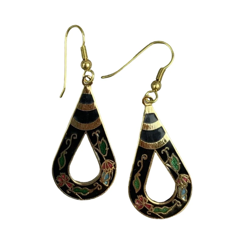 VTG 90S BLACK GOOD GREEN ART DECO FLORAL GEOMETRIC TEARDROP ENAMEL EARRINGS ENV9