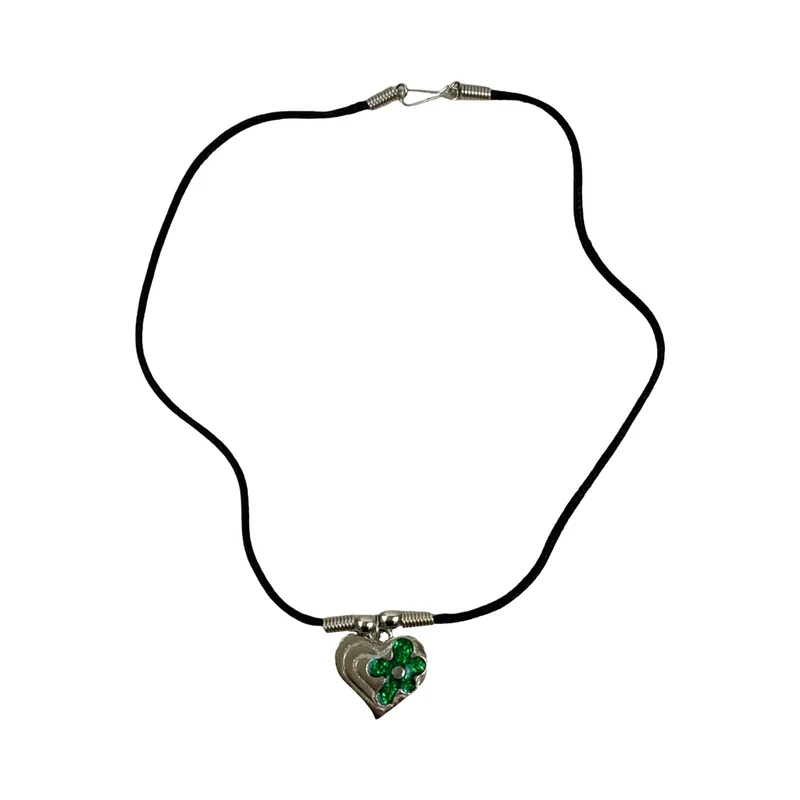 Vintage Deadstock 90s Y2K Silver Heart Green Flower Thong Necklace