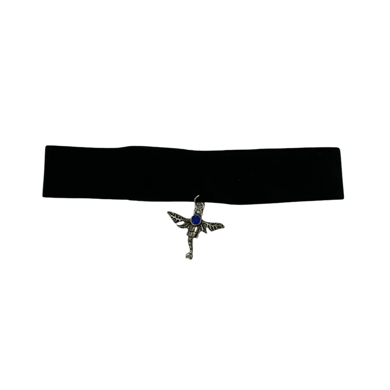 Vintage Deadstock 90s Y2K Silver Dragonfly Blue Stone Grunge Gothic Black Choker