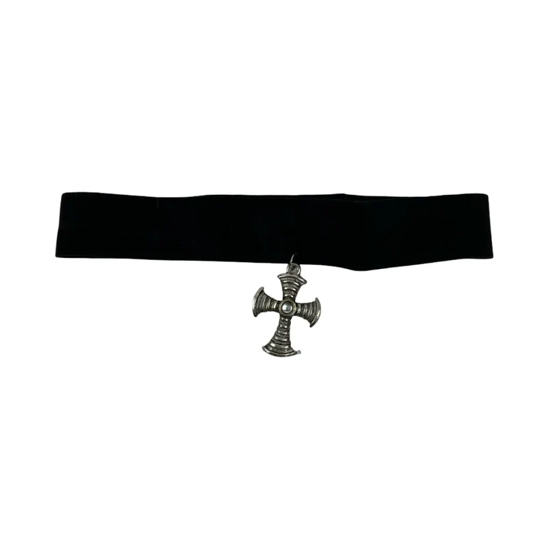 Vintage Deadstock 90s Y2K Silver Cross Gem Stone Grunge Gothic Velvet Choker