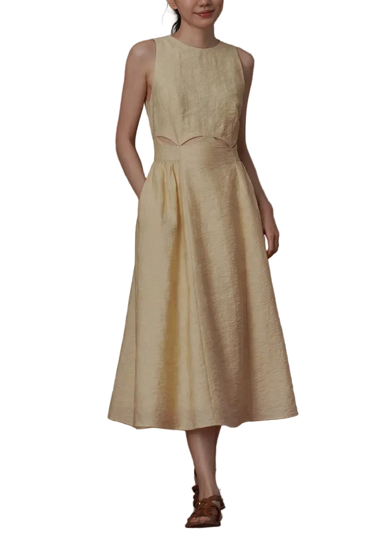 Damklänning Ihålig Jacquard Beige Ärmlös