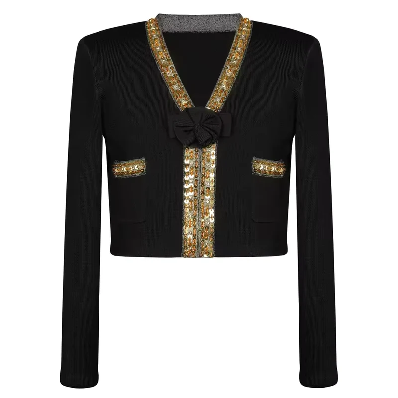 Elastic Knit 3D Floral Beaded Long Sleeve Cardigan & Slim Half Skirt Set