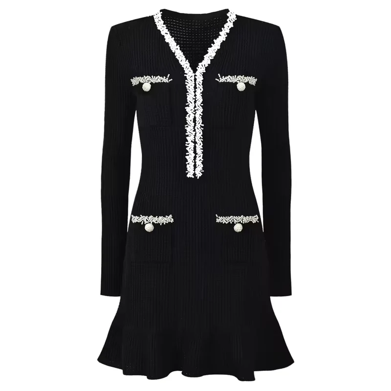 Two-Tone V-Neck Beaded Pocket Long Sleeve Slim Fit Fishtail Knit Dress
