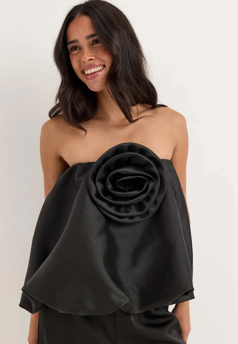 Rose Bubble-Hem Satin Mini Skirt/Top