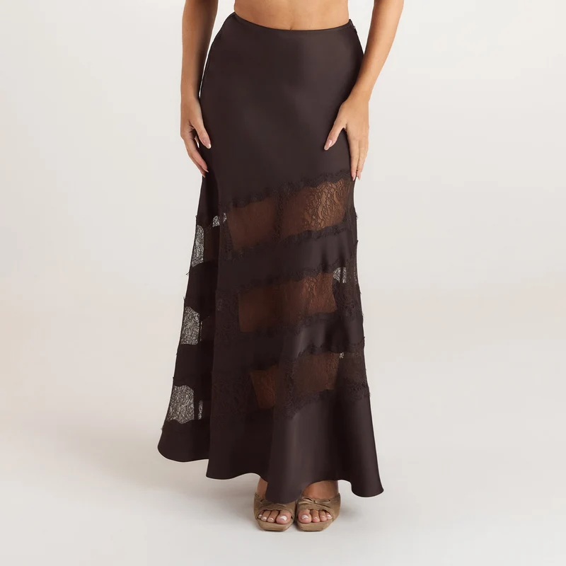 Lace Trim Maxikjol - Choklad