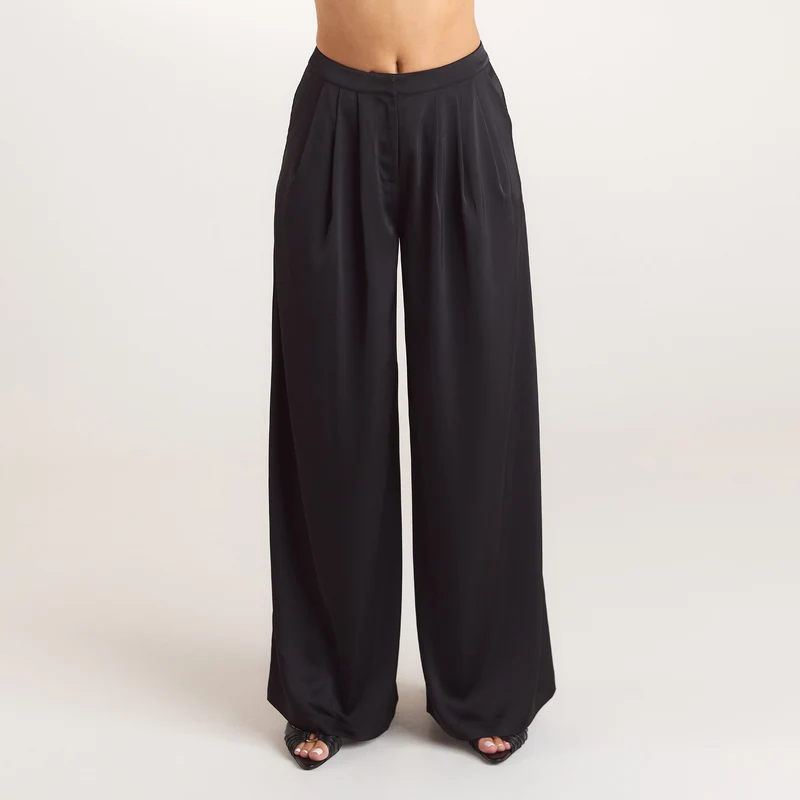 Satin Pleated Byxor - Svart