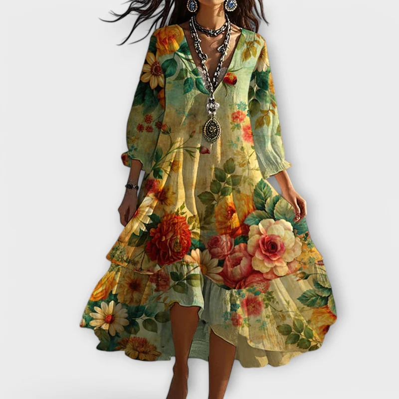 Mia | Blommig Boho Midiklänning med Trekvartsärm