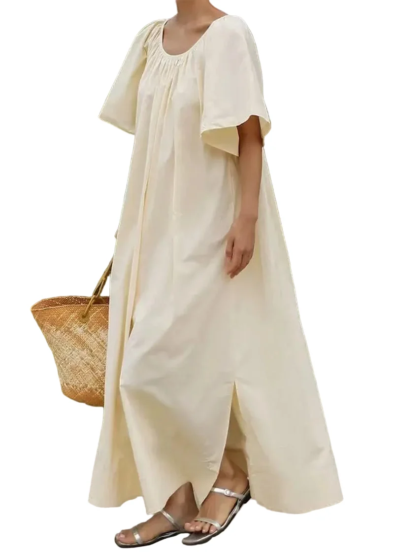 Damklänning Beige med O-hals och öppen sida kort ärm