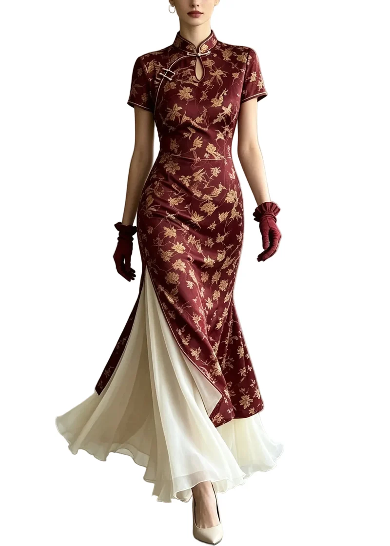 Damkjol Chiffong Lång Sommarstil röd och beige