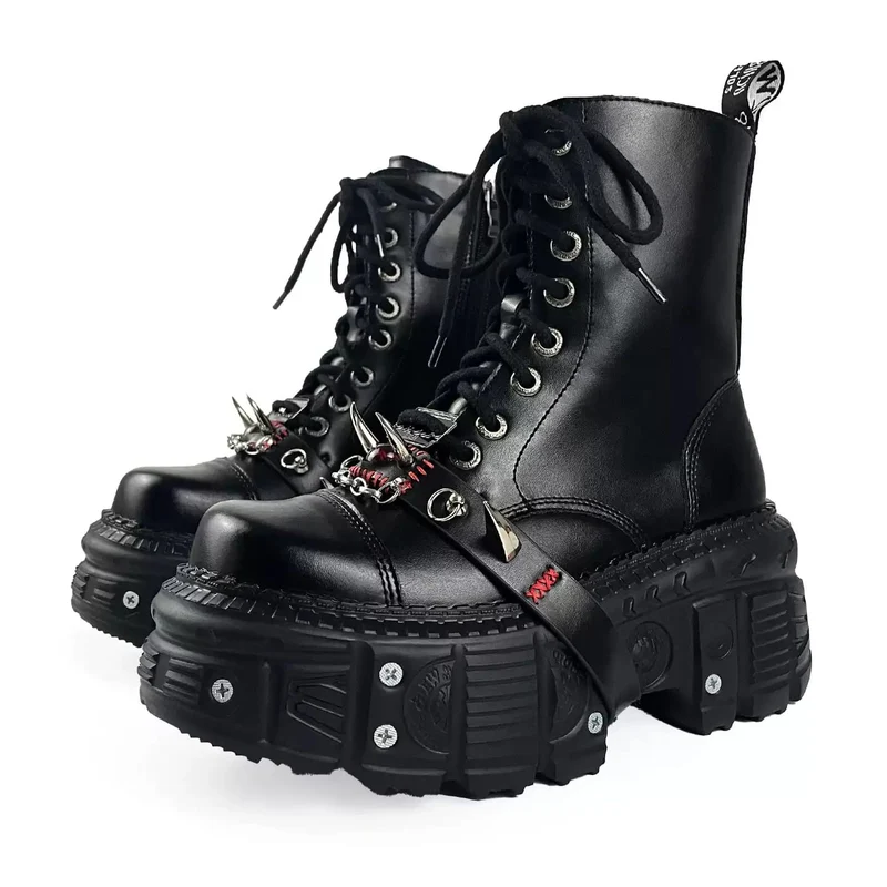 Dam Punkiga Spiked Strap Platform Boots med Tjock Sula, Snörning och Dragkedja i Sidan