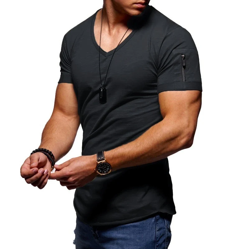 Men's t-shirt cross-border clothing European and American foreign trade men's V-neck solid color large size short-sleeved t-shirt customization