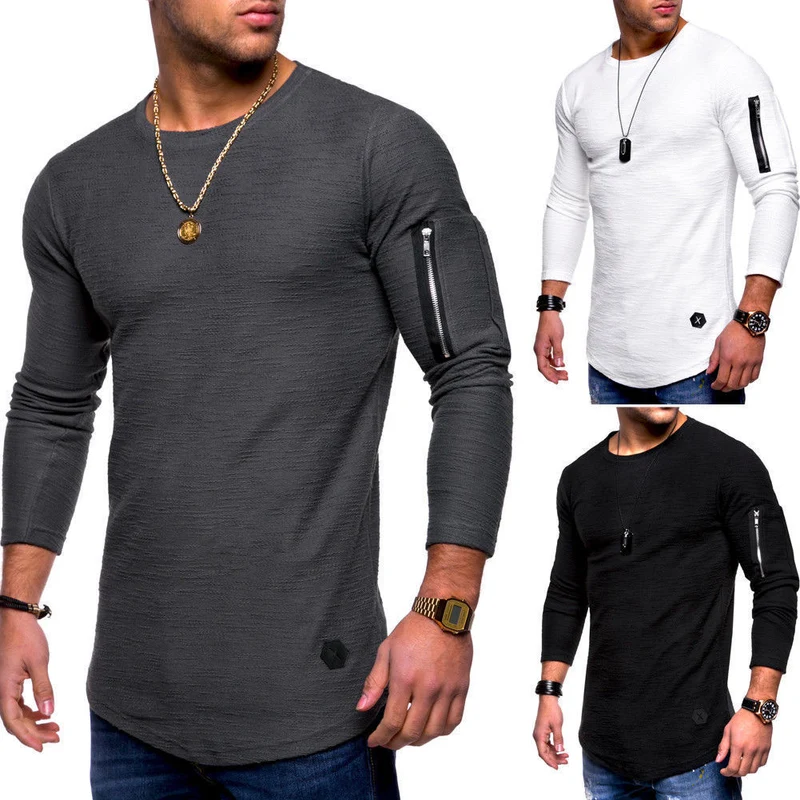 2021 foreign trade slim round neck men's long-sleeved t-shirt arm zipper personality European and American style casual bottoming shirt t-shirt men