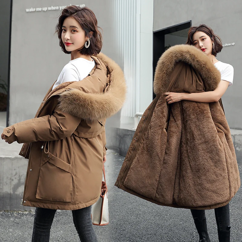 Down padded jacket women 2021 winter new style Korean thick padded jacket hooded big fur collar mid-length pie overcoming women