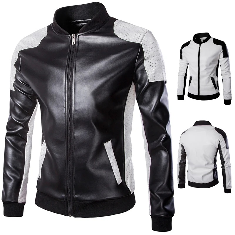 Cross-border new men's stand-up collar leather jacket trend black and white color matching large size leather jacket M-5XL Y668