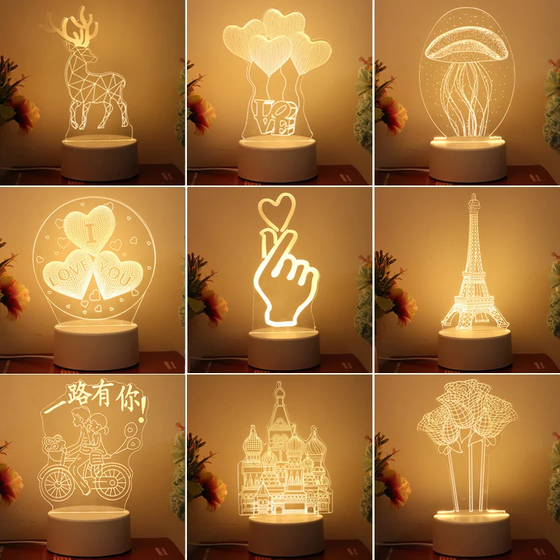 3D small night light creative gift acrylic cartoon LED three-color small table lamp bedroom bedside decoration LED ornaments