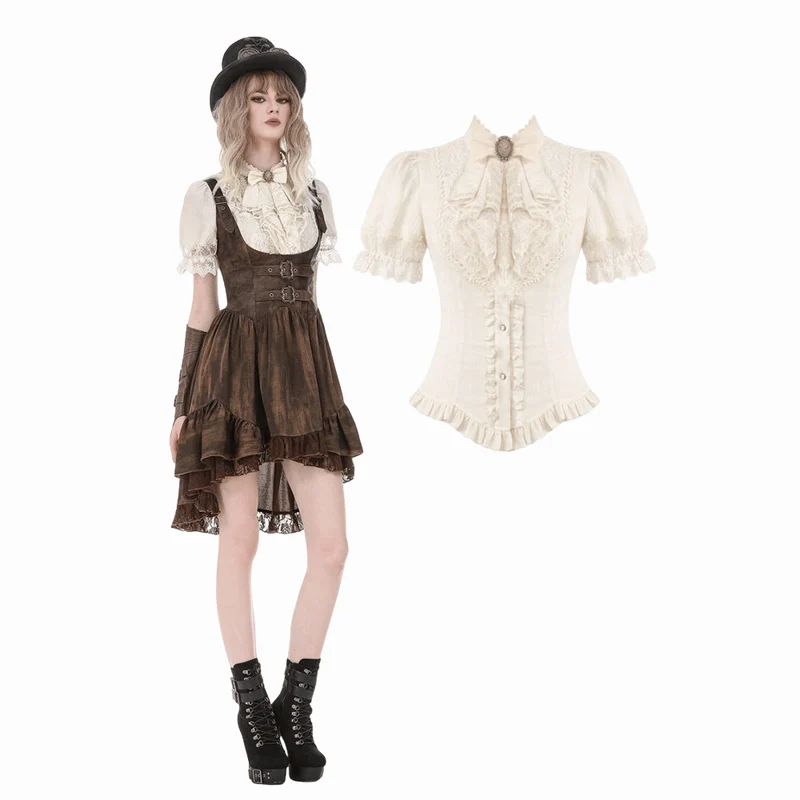Steampunk-skjorta med spetsmönster och puffärm för kvinnor