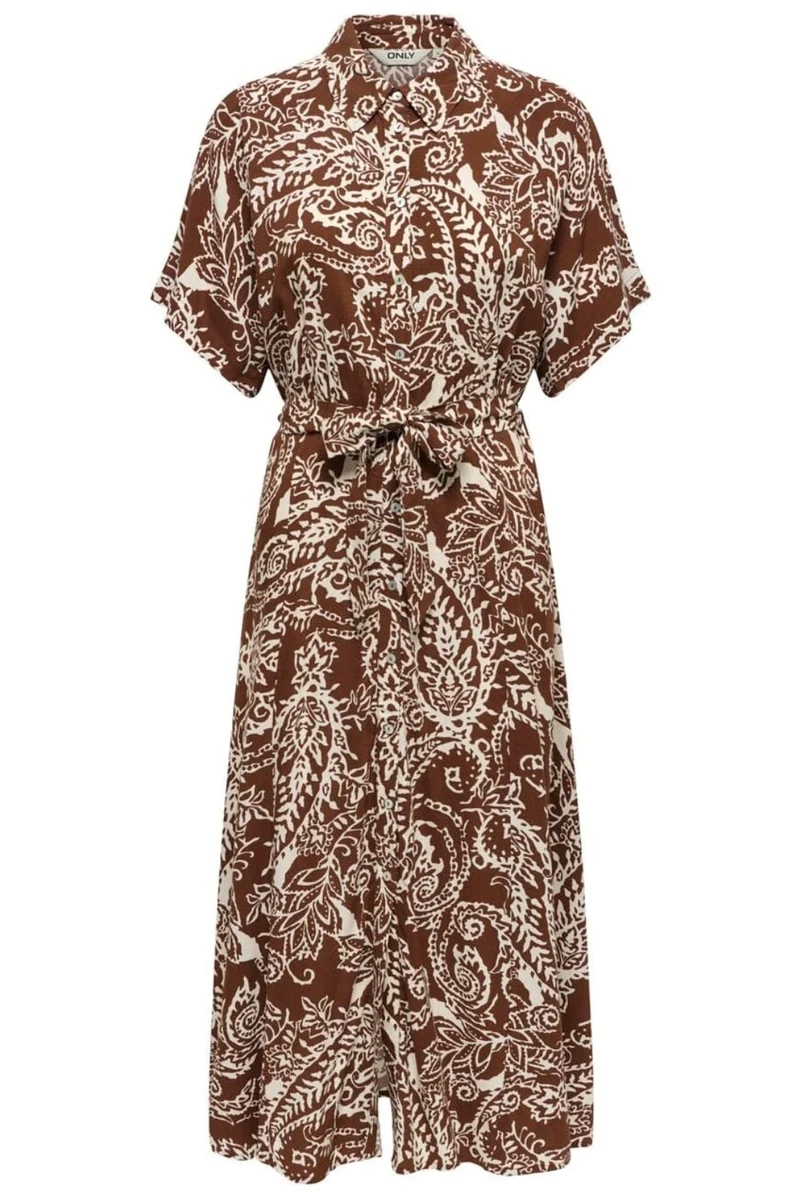 Only - Onlsafa S/S Long Belt Dress - 5095544 Cappuccino Cloud Dancer Paisley