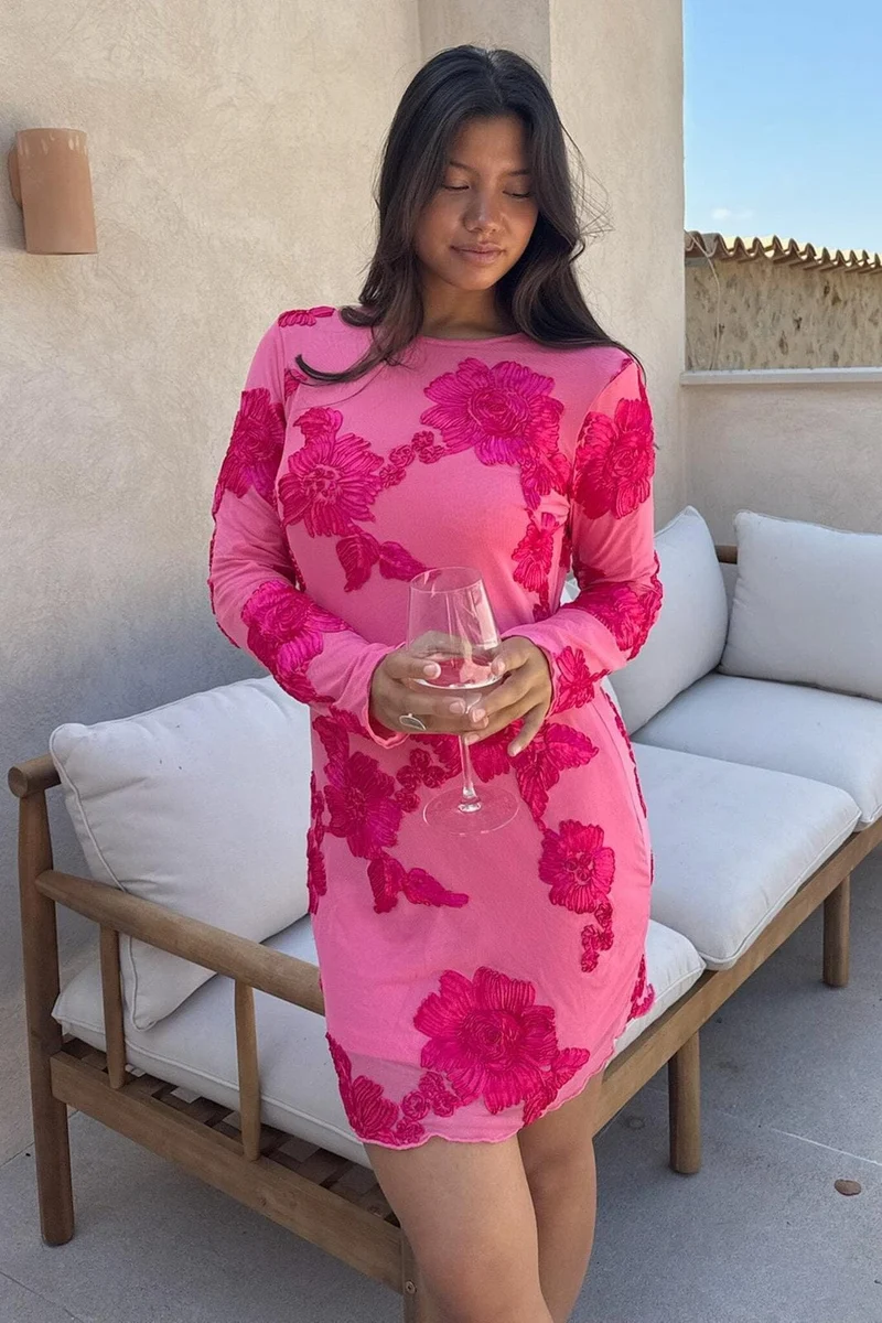 BYIC - Malouic Mesh Dress A23748 - Fuchsia Pink Flower