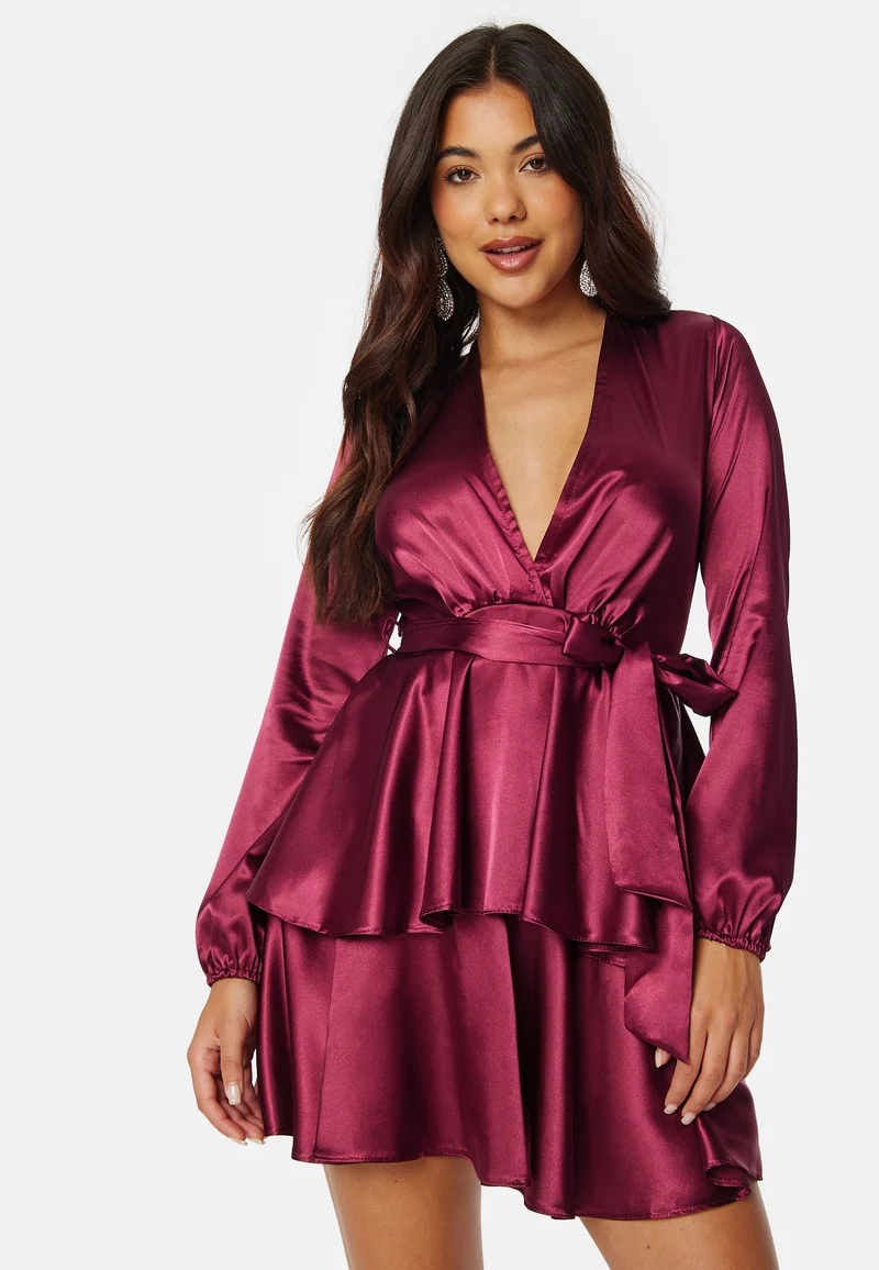 Satin Deep V Ruffle Skater Dress