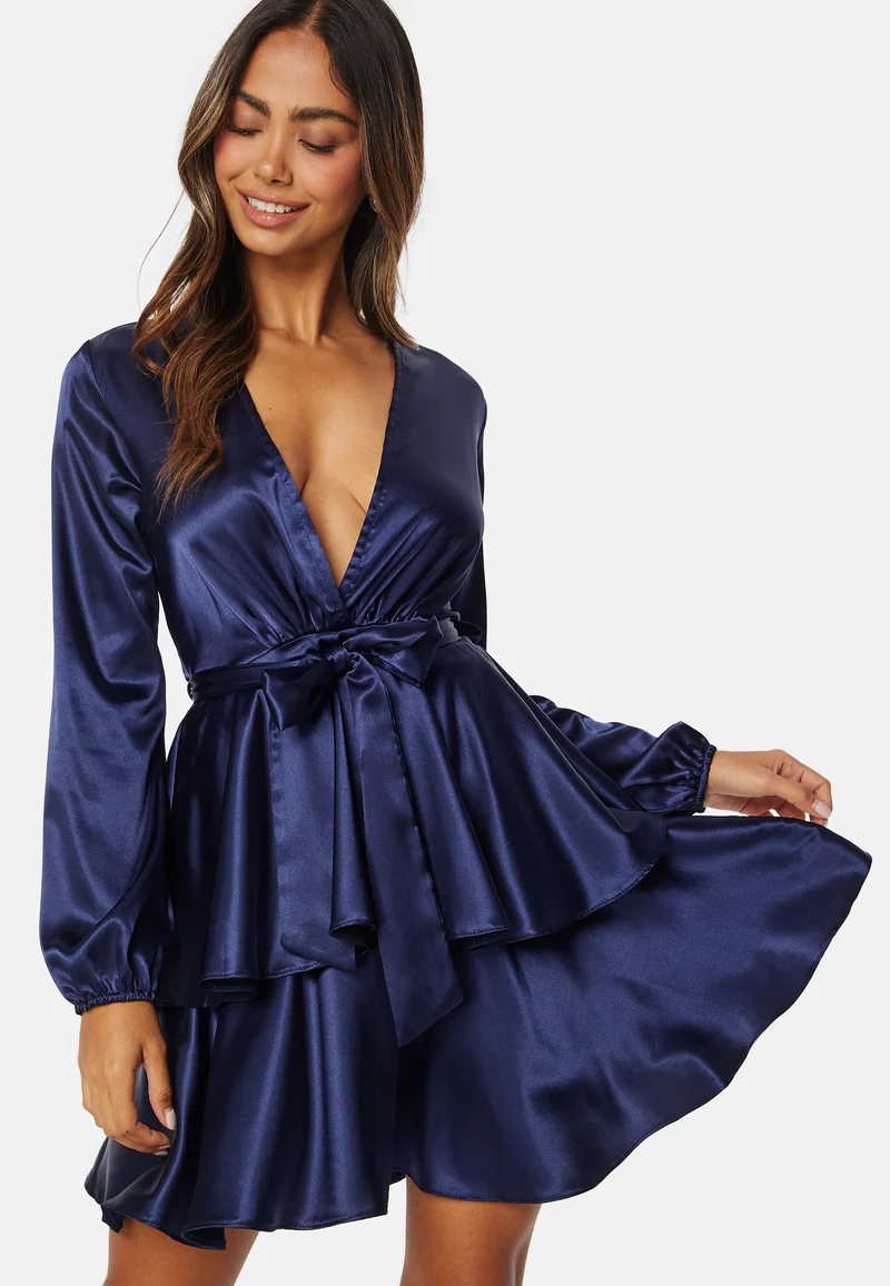 Satin Deep V Ruffle Skater Dress