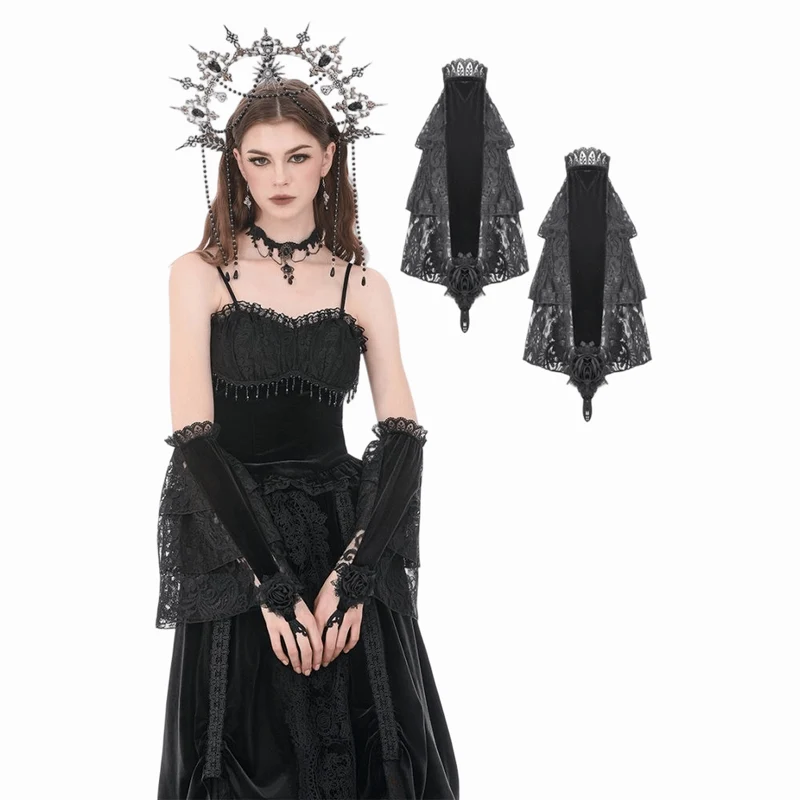 Dam Gothic Rose Velvet Splice Spets Utsvängda Ärmar