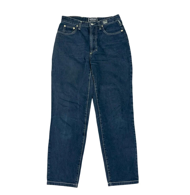 VTG 90s VERSACE DARK INDIGO BLUE REGULAR TAPERED CROPPED JEANS UK 6