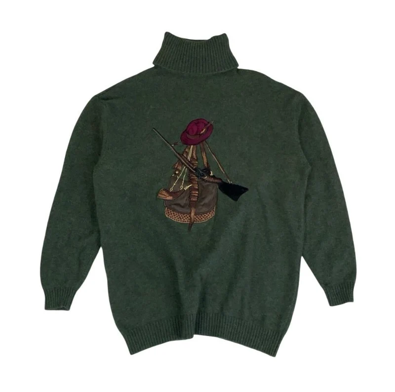 VTG MARELLA ITALIAN DESIGNER GREEN TURTLE NECK HUNTER GRAPHIC JUMPER UK 14 16