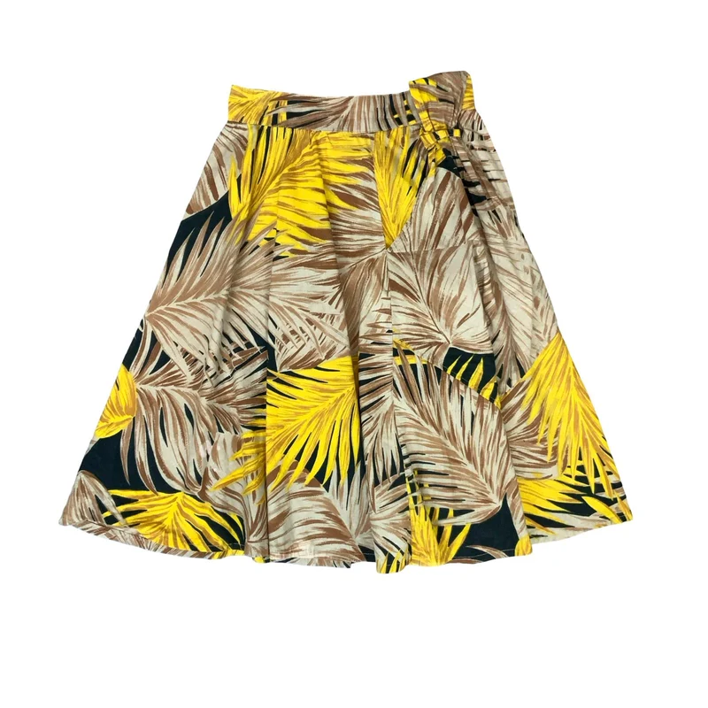 VTG HIGH-WAISTED BROWN YELLOW BLACK BOTANICAL LEAF A-LINE SUMMER SKIRT UK 8