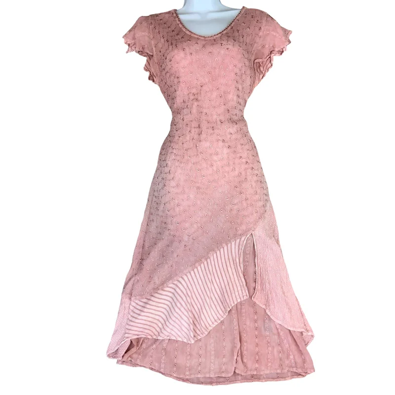 VTG 90s does 70s 'COLINE' PINK BOHO HIPPIE TIERED MIDI FLOWY TEXTURED DRESS XS 6
