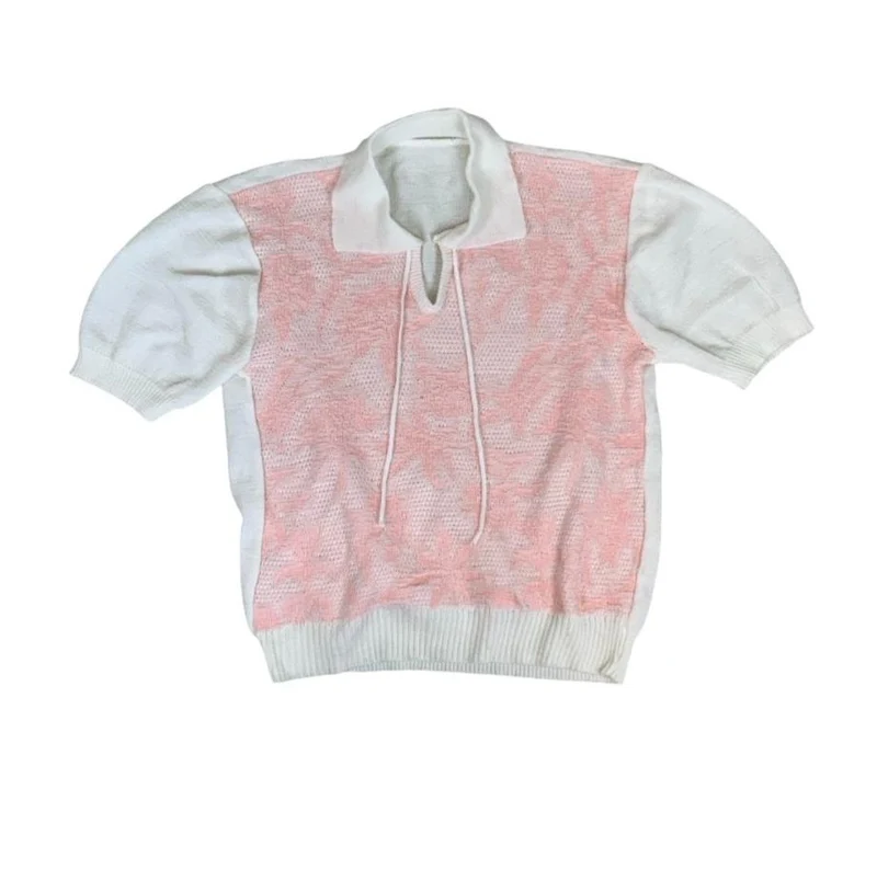 VTG 80S 90s PINK WHITE BOTANICAL PATTERNED KNIT SHORT SLEEVE COLLARED TOP S 10