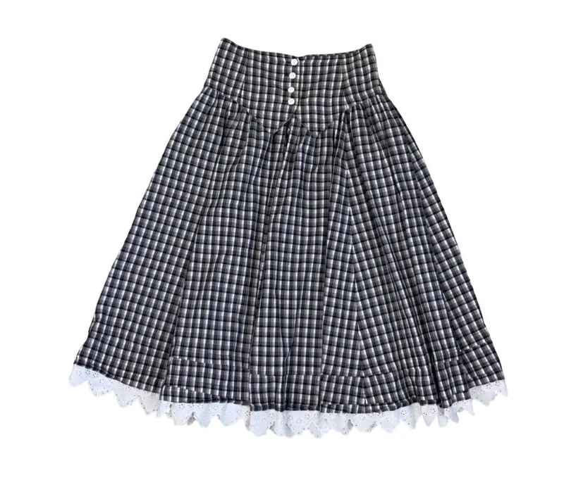 VTG 80s 'BETTY BARCLAY' BLACK WHITE GINGHAM CHECK HIGH-WAIST PRAIRIE SKIRT S 8