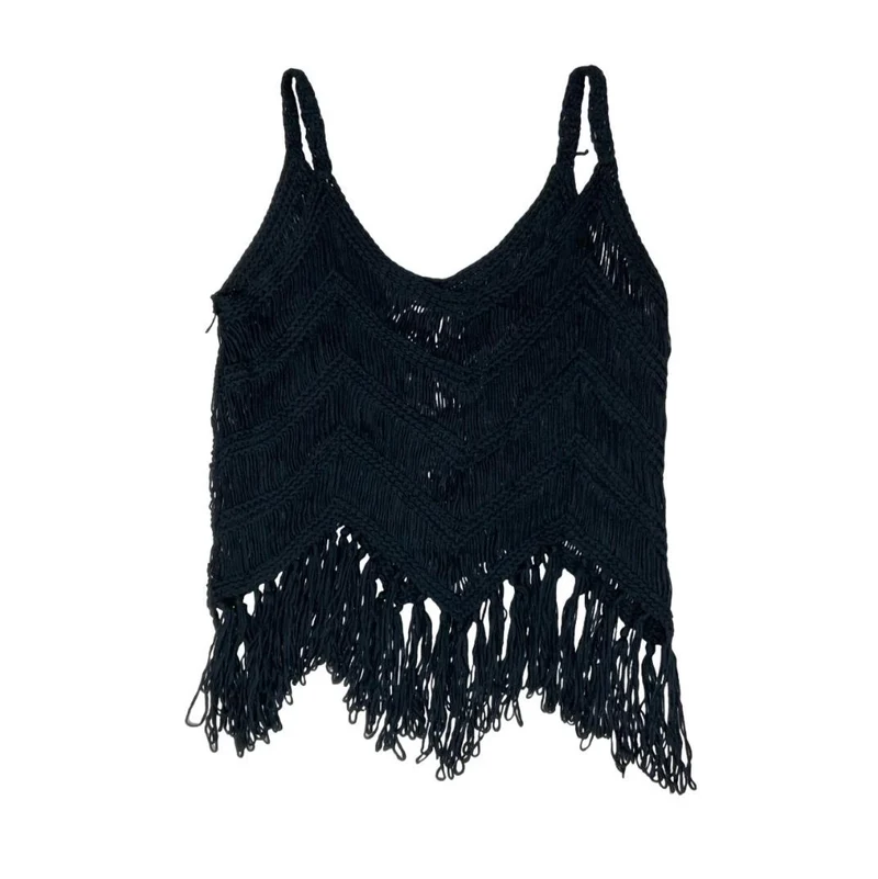 90s Y2K BLACK CROCHET TASSEL CHEVRON FESTIVAL BOHO TANK VEST TOP M 12