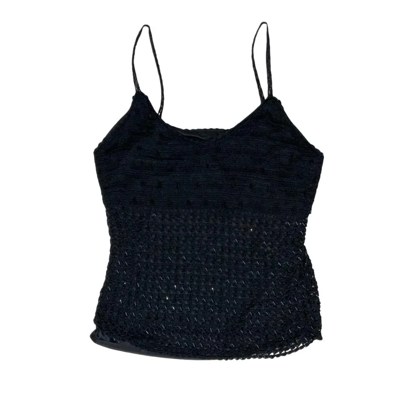 VTG 90s BLACK CROCHET KNIT BEADED FESTIVAL BOHO TANK VEST FESTIVAL TOP XS 6