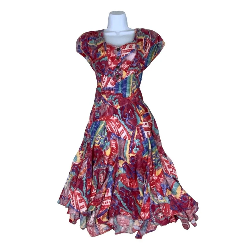 VTG 80s 'FASHION STYLE' RED GEOMETRIC PRINT ASYMMETRIC A-LINE MIDI DRESS M 12 14