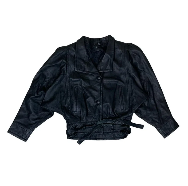 VTG 80s ON TIME BLACK CROP BIKER SHOULDER PAD GRUNGE PUNK LEATHER JACKET S 8 10
