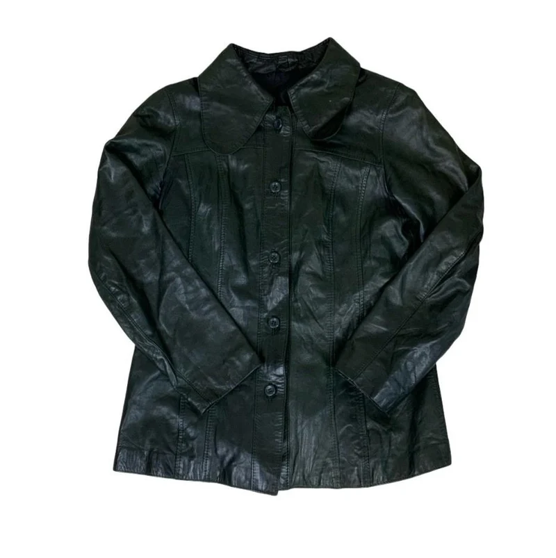 VTG 70s 'DESIGNED by M' DARK GREEN DOG EAR COLLAR LEATHER JACKET S 10