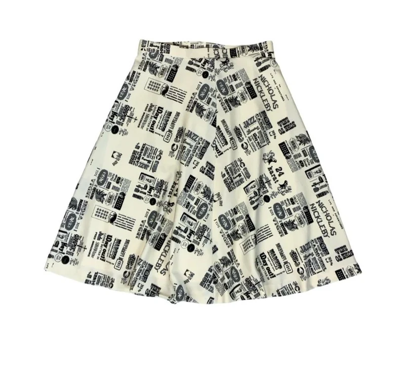 VTG 70s BLACK WHITE NOVELTY NEWSPAPER GRAPHIC PRINT A-LINE SWING SKIRT XS 6