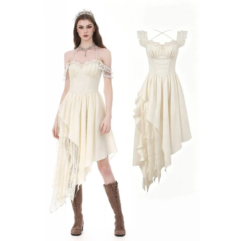 Damklänning med asymmetrisk, off shoulder och gotisk spets, lapptäcke och volang, examensklänning