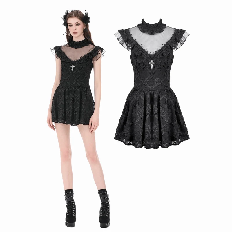 Kort klänning med gotisk blommig korsning och skarv i nät för kvinnor