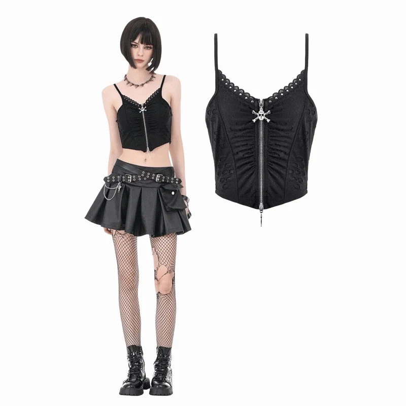 Punk Rivet Skull Ripped Rynkad Bustier för Dam