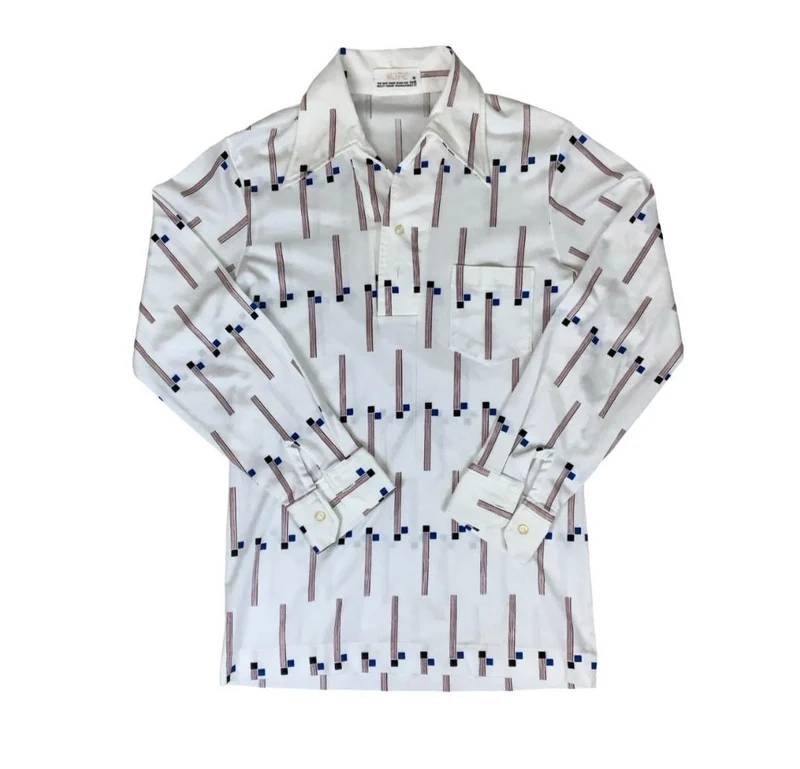 VTG 70s 'HOPE' WHITE RED BLUE GEOMETRIC PATTERN DAGGER COLLAR GOLF POLO SHIRT S
