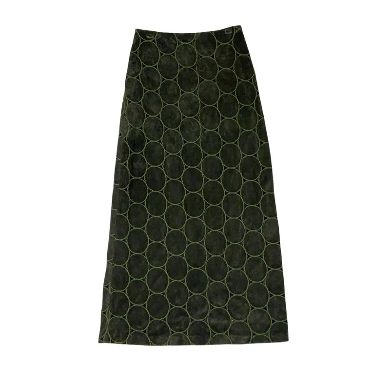 VTG 90s Y2K 'JOACHIM BOSSE' EMBROIDERED CIRCLE GREEN VELVET LONG SKIRT XS 6