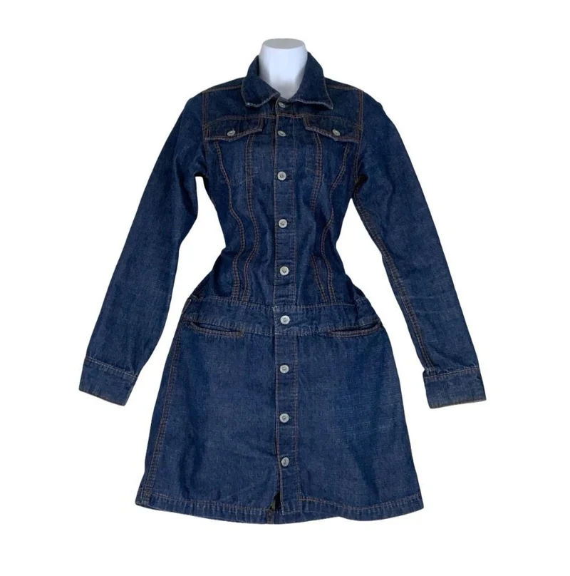 VTG 90s Y2K 'OLD BETTY'S' DARK BLUE BUTTON-UP DENIM LONG SLEEVED DRESS S 8