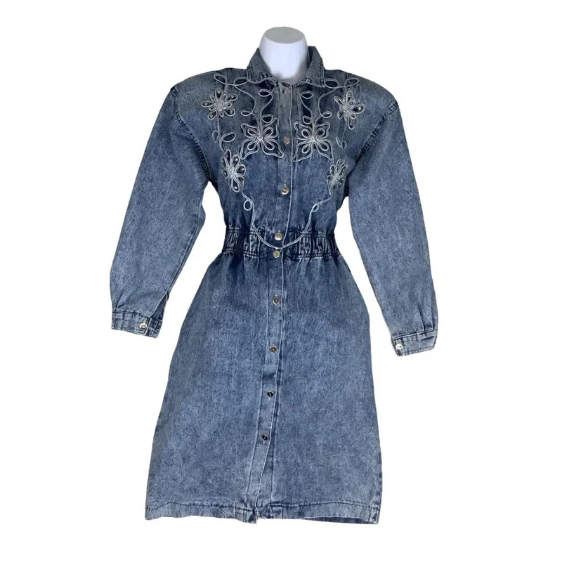 80s ACID WASH BLUE FLORAL EMBROIDERED COUNTRY WESTERN DENIM MIDI DRESS M 12