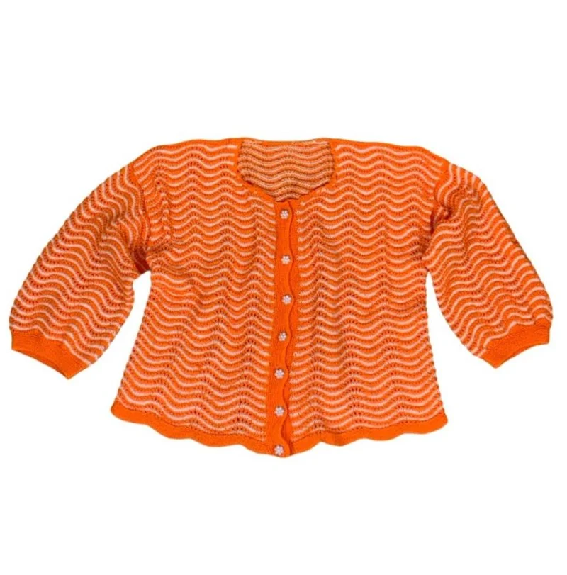 VTG 80S 90S HANDMADE HAND KNIT ORANGE CHEVRON CROPPED CARDIGAN UK 14 16