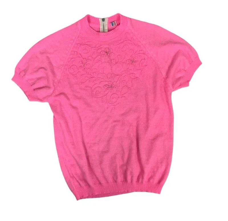 VTG 60S PINK EMBROIDERED FLORAL CASUAL SHORT SLEEVED KNIT TOP SMALL 10