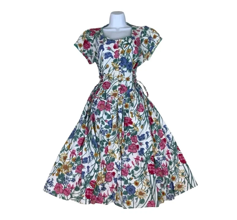 70S 80S ST MICHAEL FLORAL WHITE PINK BLUE MIDI A-LINE SUMMER TEA DRESS UK 10 12