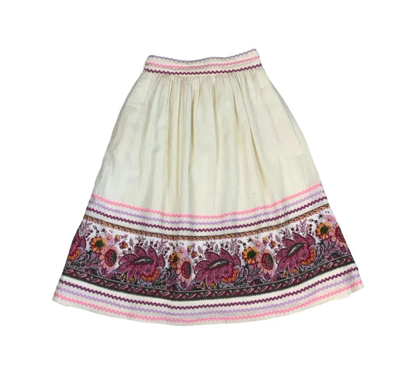 VTG 70S 80s LUCIE LINDEN CREAM PINK FLORAL FOLK MIDI SKIRT WITH BELT X-SMALL 4 6