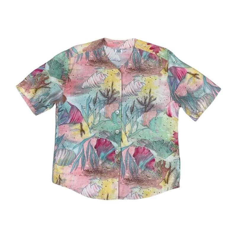 VTG 80s ALBA MODA FASHION QUALITY PASTEL OCEAN SEA CORAL PINK BLOUSE SHIRT UK 14