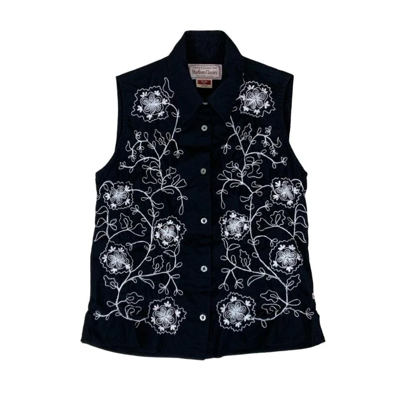 VTG 90S MARLBORO CLASSIC BLACK WHITE EMBROIDERED SLEEVELESS BLOUSE SMALL 8